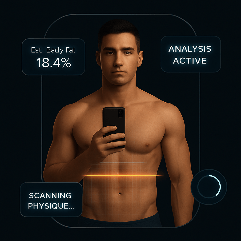 App UI showing AI body scan on a physique photo